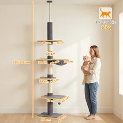 Draskyklė iki lubų 225–255 cm, 5 lygių, su 3 sizalio stulpais ir hamaku, katei iki 6 kg, tamsiai pilka — 3 nuotrauka