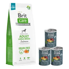 BRIT CARE Dog Grain-free Adult Large Breed Salmon 12kg + Wild Farm Superfood Beef 3x400 g pašaro šunims be grūdų