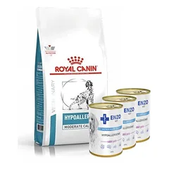 ROYAL CANIN Hypoallergenic Moderate Calorie HME23 14kg + ENZO VET Hipoalerginė dieta su triušiena šunims 3x400g