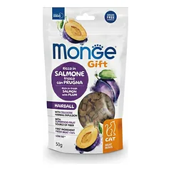 Monge Gift Cat Meat Minis Hairball Salmon With Plum skanėstas suaugusioms katėms nuo plaukų kamuolių, 50 g