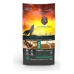 Ambrosia Senior begrūdis su kalakutiena ir šviežia lašiša sausas maistas vyresnio amžiaus šunims, Turkey & Fresh Salmon Senior & Sterilised 12 kg