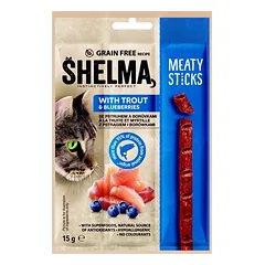 Skanėstas katėms Shelma Sticks with trout and blueberries GF pagaliukai su upėtakiu ir mėlynėmis, 15 g