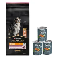 Purina Pro Plan Medium & Large 7+ Sensitive Optiderma, lašiša ir ryžiai 14kg + Wild Farm Superfood Salmon lašiša 3x400 g pašaro šunims be grūdų