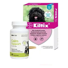 Bayer KILTIX, antkaklis vidutinio dydžio šunims 53cm + LAB-V Calm Support - streso ir elgesio sutrikimų simptomų palaikymas 45 kapsulės