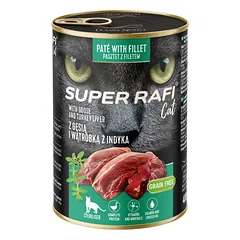 SUPER RAFI Cat su žąsiena ir kalakutienos kepenėlėmis 400g drėgnas maistas sterilizuotiems katėms