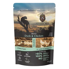 AMBROSIA Cat Adult Sterilized Duck & Chicken 85g konservai katėms su antiena ir vištiena