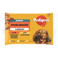 PEDIGREE Senior Choice of Flavours 4x100g drėgnas visavertis ėdalas suaugusiems šunims su jautienos ir kepenų mišiniu, vištienos drebučiais