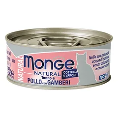 Monge Natural Adult Tuna with Chicken & Shrimp konservai katėms drebučiuose