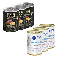 ENZO VET Hipoalerginė dieta su triušiena šunims 3x400g + Wild Farm Monoprotein Wild Boar 3x400g hipoalerginis šunų ėdalas