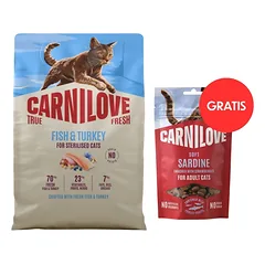 CARNILOVE True Fresh Cat Fish and Turkey Sterilised 2 kg katėms po sterilizacijos + CARNILOVE Soft Snack Cat Sardine 50 g DOVANŲ