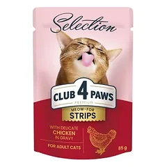 CLUB 4 PAWS Premium Selection visavertis konservuotas ėdalas suaugusioms katėms, juostelės su vištiena padaže 85g.x12vnt.