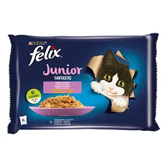 FELIX FANTASTIC Junior Skonių mišinys  drebučiuose (vištiena, lašiša) 4x85g drėgno maisto kačiukams