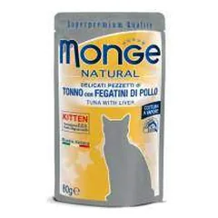 Monge Natural Wet Cat Pouches drėgnas maistas kačiukams su tunu ir vištos kepenėlėmis, 80 g