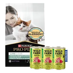 PRO PLAN LiveClear kačiukų maistas, turtingas kalakutiena 1,4 kg + WILD FARM Premium Grain Free Lamb and Tuna 3x400g - sterilizuotų kačių