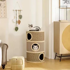 Katės draskyklė su urvais, 79 cm, Ø45 cm, chaki + kavos — 2 nuotrauka