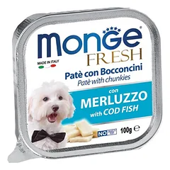Monge Fresh Cod Fish paštetas su gabaliukais visų veislių šunims, 100 g
