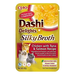Ciao Dashi Delights katėms, šilkinis vištienos, tuno ir lašišos sultinys