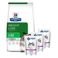 HILL'S PD Prescription Diet Feline r/d 3kg + ENZO VET Sterilizuota dieta sterilizuotoms katėms su kalakutiena želė 3x100g