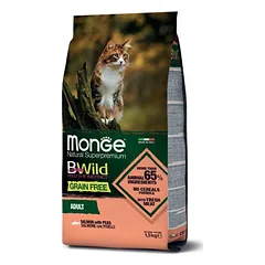 Monge BWild Cat Grain Free Adult Salmon With Peas be grūdų sausas maistas suaugusioms katėms su lašiša ir žirniais, 1,5 kg