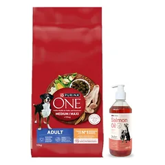 PURINA ONE Adult Medium/Maxi Maistas suaugusiems šunims, turtingas vištiena ir ryžiais, 12 kg + LAB V Lašišų aliejus šunims ir katėms 500ml