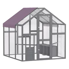 Vištidė ir aptvaras su vandeniui atspariu stogu, 2 lizdinės dėžės, 2 laktos, skirta 6-8 vištoms, apie 1,7 x 1,8 x 1,8 m, pilkai violetinė