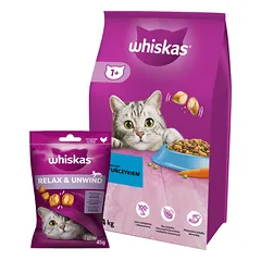 WHISKAS Adult 14kg - sausas kačių maistas su tunu ir daržovėmis + WHISKAS Relax & Relieve 45g
