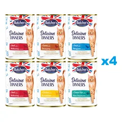 BUTCHER'S Delicious Dinners Mix skoniai želė 24x400g gabalėliuose su vištiena, elniena, upėtakiu, jūros žuvimi, jautiena