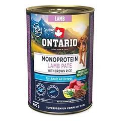 Ontario Monoproteino konservai šunims su ėriena ir rudaisiais ryžiais, 400 g