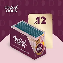Delickcious™ gabaliukai padaže katėms – antiena, vištienos filė ir špinatai (konservai)