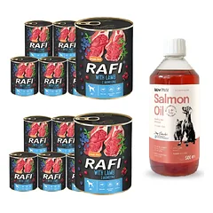 DOLINA NOTECI Rafi su ėriena 12x800g + LAB V Lašišų aliejus šunims ir katėms 500ml