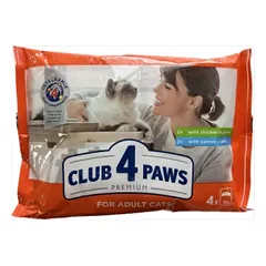CLUB 4 PAWS Premium Visavertis konservuotas ėdalas suaugusioms katėms su vištiena padaže ir lašiša drebučiuose, 4 x 85 g