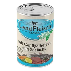 Landfleisch konservai šunims, paukšt. širdys+menkė, 400g