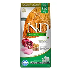 Farmina N&D Low Grain Adult Medium Maxi Vištiena, Granatas mažgraudžių sausas maistas suaugusiems vidutinių ir didelių veislių šunims, 15 kg
