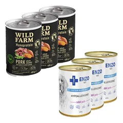 ENZO VET Hipoalerginė dieta su triušiena šunims 3x400g + Wild Farm Monoprotein Pork 3x400g hipoalerginis maistas šunims