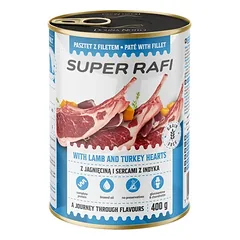 Super Rafi šlapias šunų maistas su ėriena ir kalakutų širdelėmis, 400 g