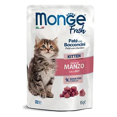 Monge Fresh Kitten paštetas su gabaliukais ir jautiena, drėgnas maistas kačiukams 85 g parduotuvėje mumbo.lt
