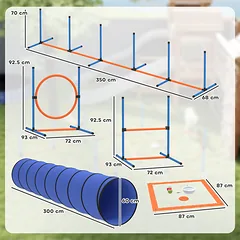 Šunų agility treniruočių rinkinys su tuneliu ir reguliuojamomis kliūtimis, oranžinės, mėlynos ir juodos spalvų, 8 dalių — 3 nuotrauka