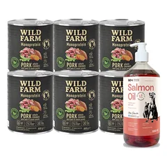 WILD FARM Monoprotein Pork 6x800g hipoalerginis maistas šunims + LAB V Lašišų aliejus šunims ir katėms 1000ml