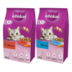 WHISKAS Adult 14kg su jautiena ir daržovėmis + WHISKAS Adult 14kg su tunu ir daržovėmis