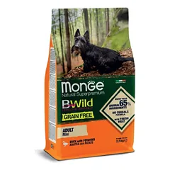 Monge Dry Dog BWILD Adult Mini begrūdis sausas maistas mažų veislių šunims su antiena, 2,5 kg