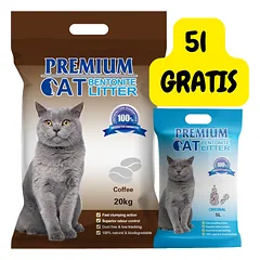 Premium Cat Clumping Bentonite kraikas - kava katėms 20kg + natūralus kraikas 5L NEMOKAMAI!