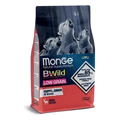 Monge BWild Low Grain All Breeds Puppy & Junior Deer visavertis begrūdis sausas maistas šuniukams ir jauniems šunims su elnienos mėsa, 12 kg — 1 nuotrauka