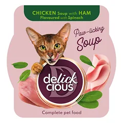 DELICKCIOUS konservuotas pašaras suaugusioms katėms -  sriuba su kumpiu ir vištiena, 80 g