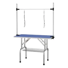 Kirpimo stalas šunims ir katėms 107x60 cm, sulankstomas, su laikikliu ir apatiniu krepšiu, iki 100 kg, mėlynas