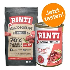 RINTI Kombi-Paket: 12 kg Max-i-mum + 12 x 400 g Kennerfleisch