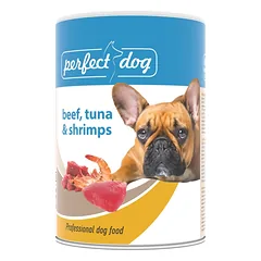 PERFECT DOG konservas su tunu, krevetėmis ir jautiena  400g