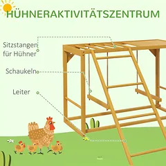 Vištų žaidimų stovas su sūpynėmis ir kopėtėlėmis, 3–4 vištoms, medinis, geltonas — 4 nuotrauka