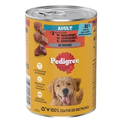 PEDIGREE Adult 12x400 g visavertis šlapias maistas suaugusiems šunims su trimis rūšimis: jautiena, ėriena ir vištiena, purės pavidalu