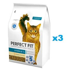 PERFECT FIT Sterile 1+ visavertis sausas ėdalas suaugusioms katėms, gausus vištienos 3x2,8 kg