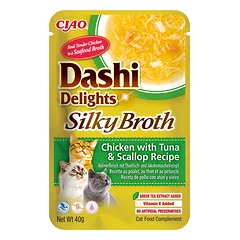 INABA Dashi Delights šilkinis sultinys su vištiena, tunu ir šukutėmis 40g